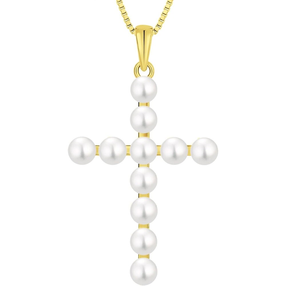 925 Sterling Silver Pearl Cross Pendant Necklace Gold Plated for Women 29mm